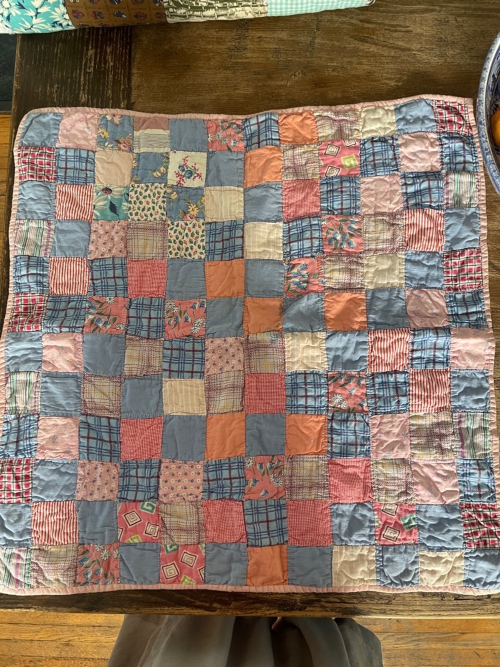 Handmade Baby Blanket Patchwork Cotton Throw Quilt in Blue, Pink & Cream